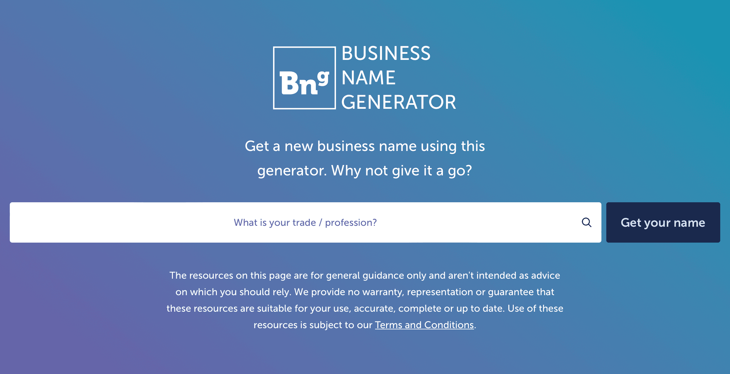 a web page with a graduated blue background with white text and a search bar.
