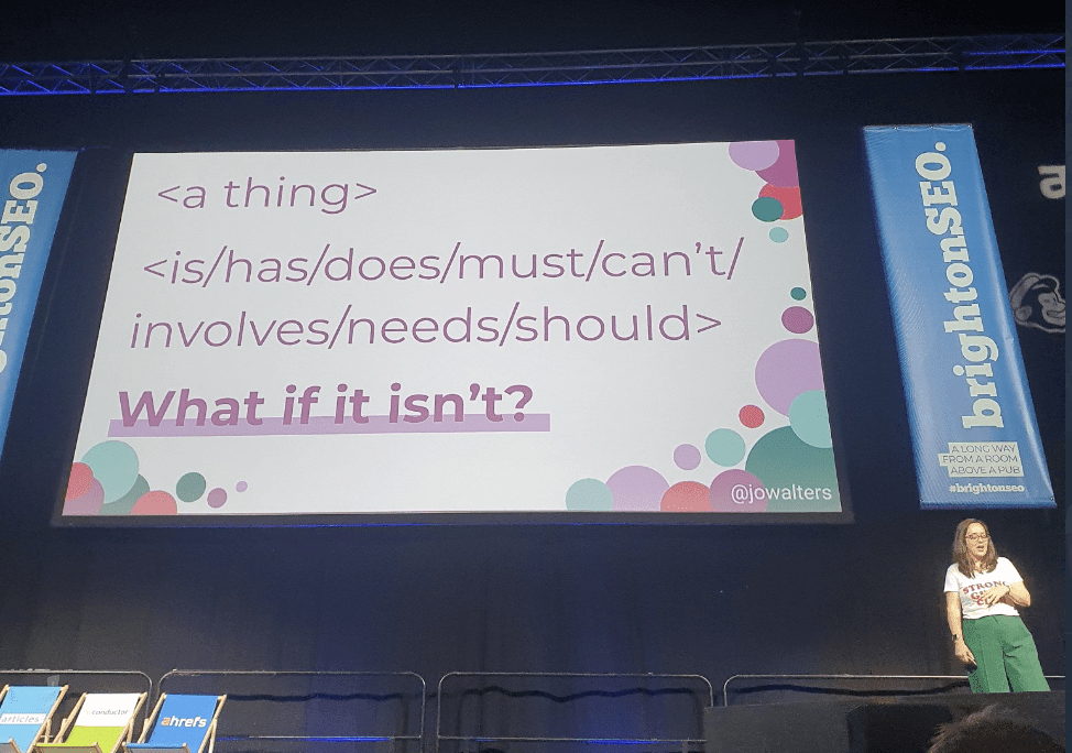 Jo Walters giving her talk on thinking outside the box at BrightonSEO 2022